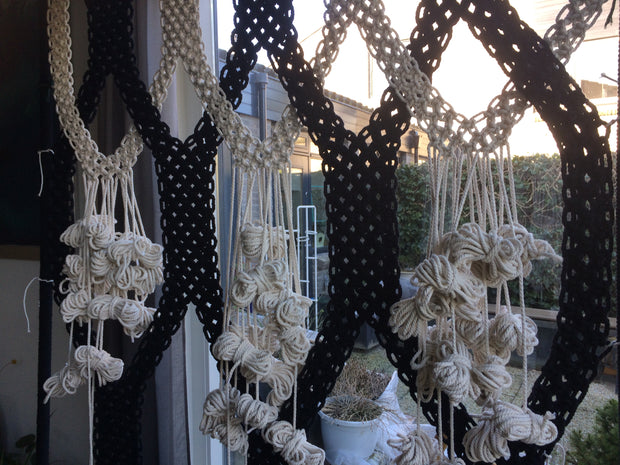 BIG macrame wallhanging/room divider/backdrop in black & off white with frame
