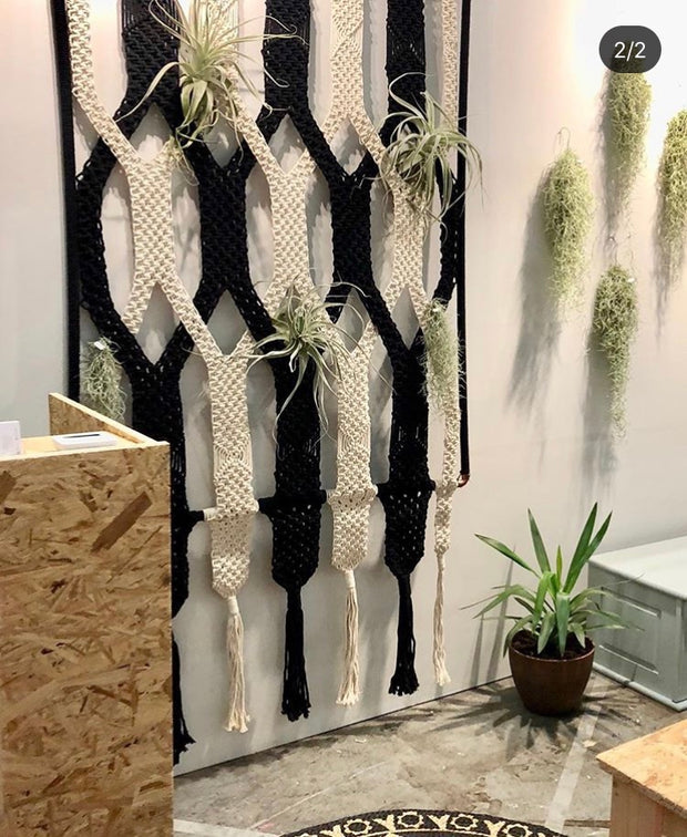 BIG macrame wallhanging/room divider/backdrop in black & off white with frame